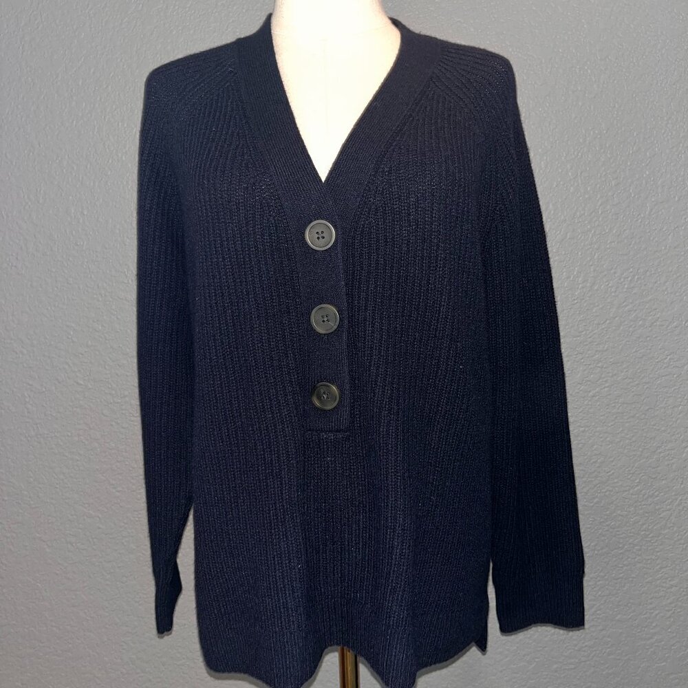 MADEWELL LYLE HENLEY MERINO WOOL BLEND NAVY BLUE RIBBED KNIT SWEATER - EUC - M